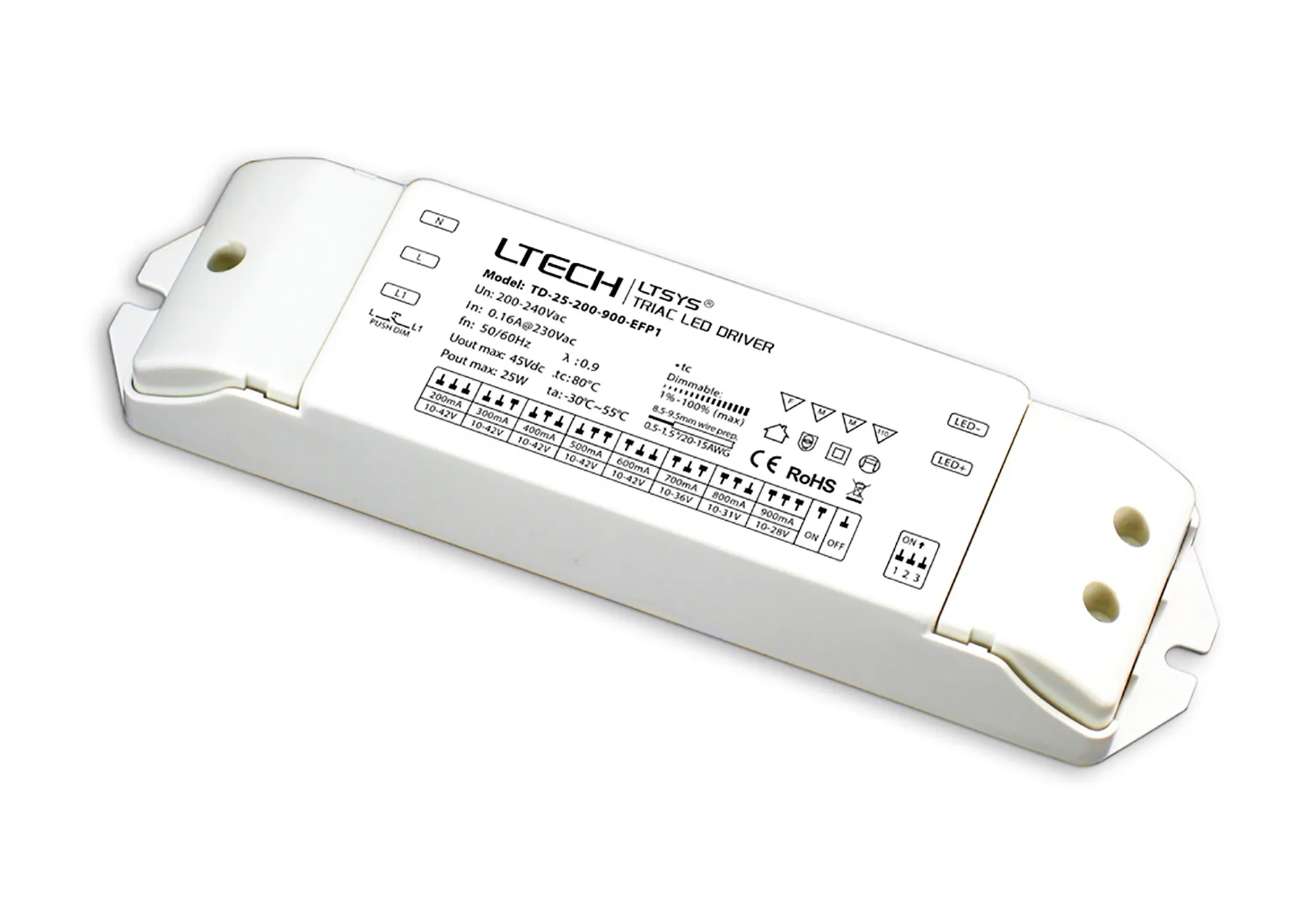 Triac/ELV Push Dim PWM 2-25W 45V 200-900mA Constant Current Dimmable Driver, IP44. TD-25-200-900-EFP1  LTECH Triac Constant Current